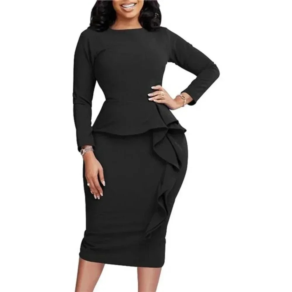 Women's Sexy Long Sleeve Elegant Bodycon Ruffle Formal Midi Cocktail Party Dress